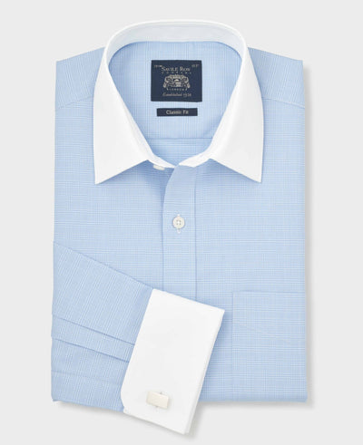 Men's Sky Blue Cotton Twill Prince of Wales Check Classic Fit Winchester Formal Shirt With Double Cuffs folded shot