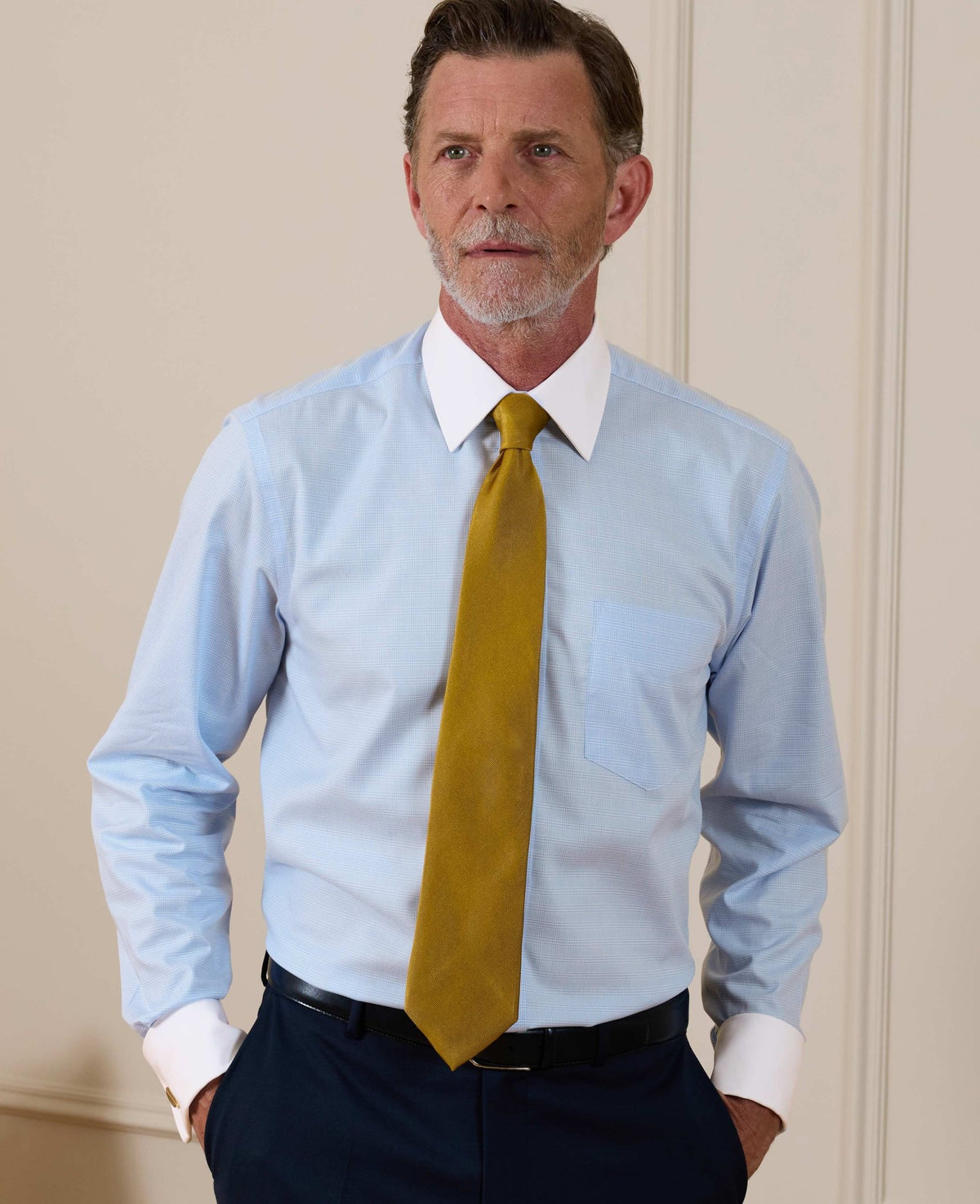 Sky Blue Cotton Twill Prince of Wales Check Classic Fit Winchester Formal Shirt - Double Cuff