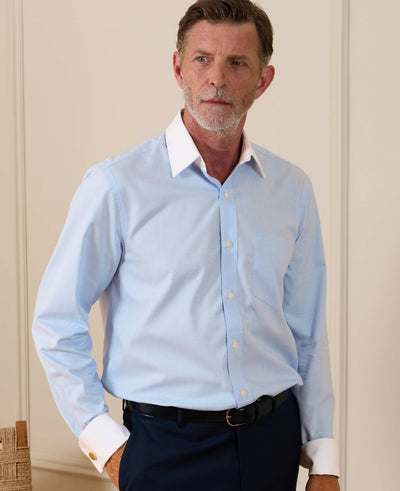 Sky Blue Cotton Twill Prince of Wales Check Classic Fit Winchester Formal Shirt - Double Cuff