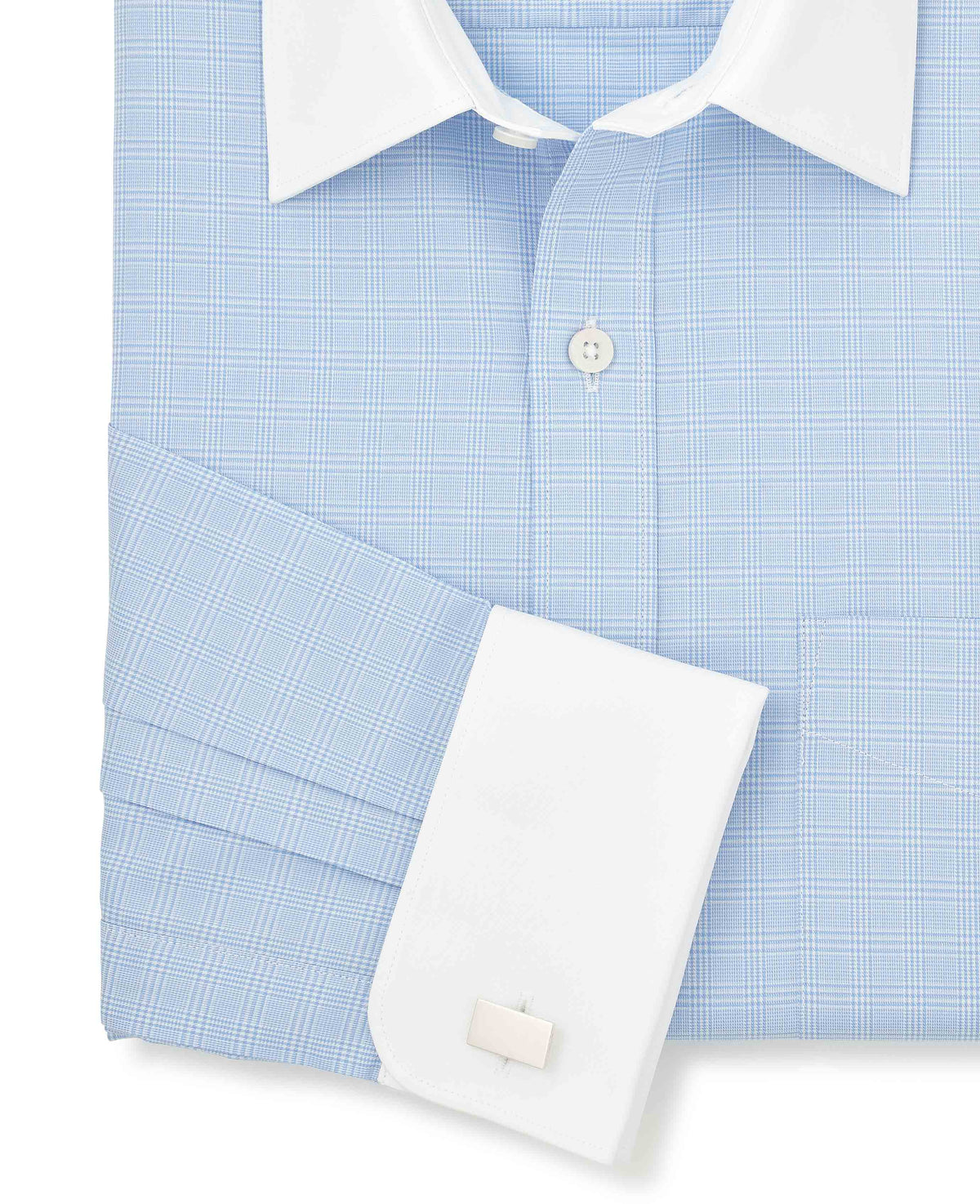 Men's Sky Blue Cotton Twill Prince of Wales Check Classic Fit Winchester Formal Shirt With Double Cuffs sleeve detail