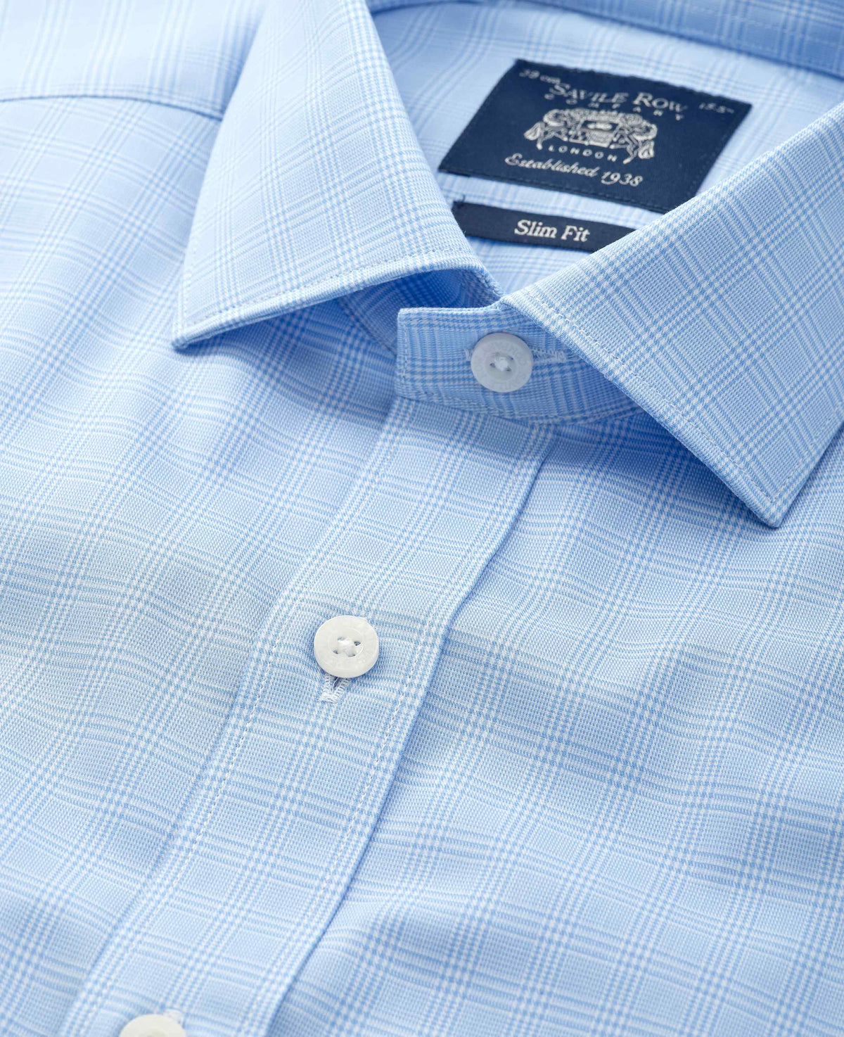 Sky Blue Cotton Twill Prince of Wales Check Formal Shirt - Single Cuff