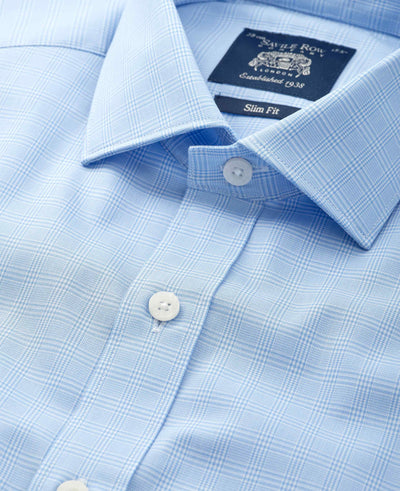 Sky Blue Cotton Twill Prince of Wales Check Formal Shirt - Single Cuff