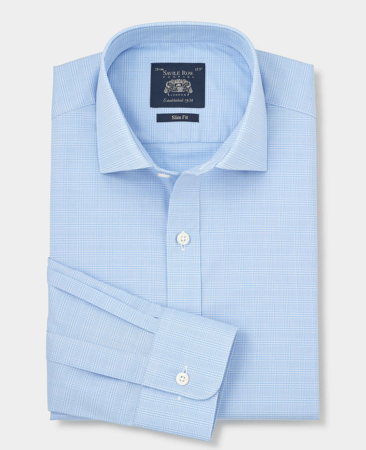 Sky Blue Cotton Twill Prince of Wales Check Formal Shirt - Single Cuff