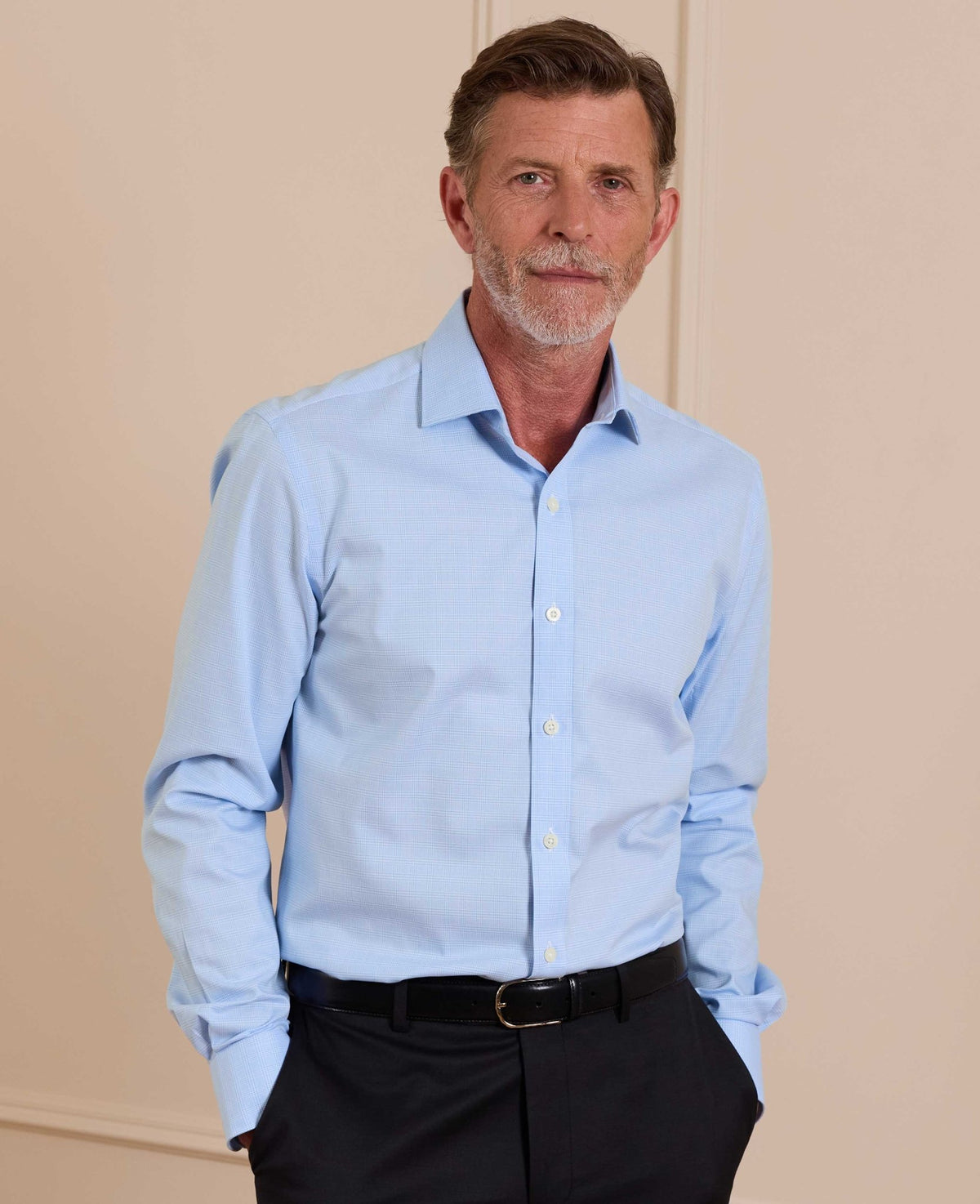 Sky Blue Cotton Twill Prince of Wales Check Formal Shirt - Single Cuff