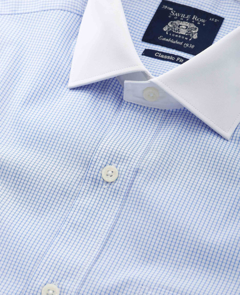 Men's Sky Blue Cotton Window Check Classic Fit Winchester Formal Shirt With Double Cuffs collar detail