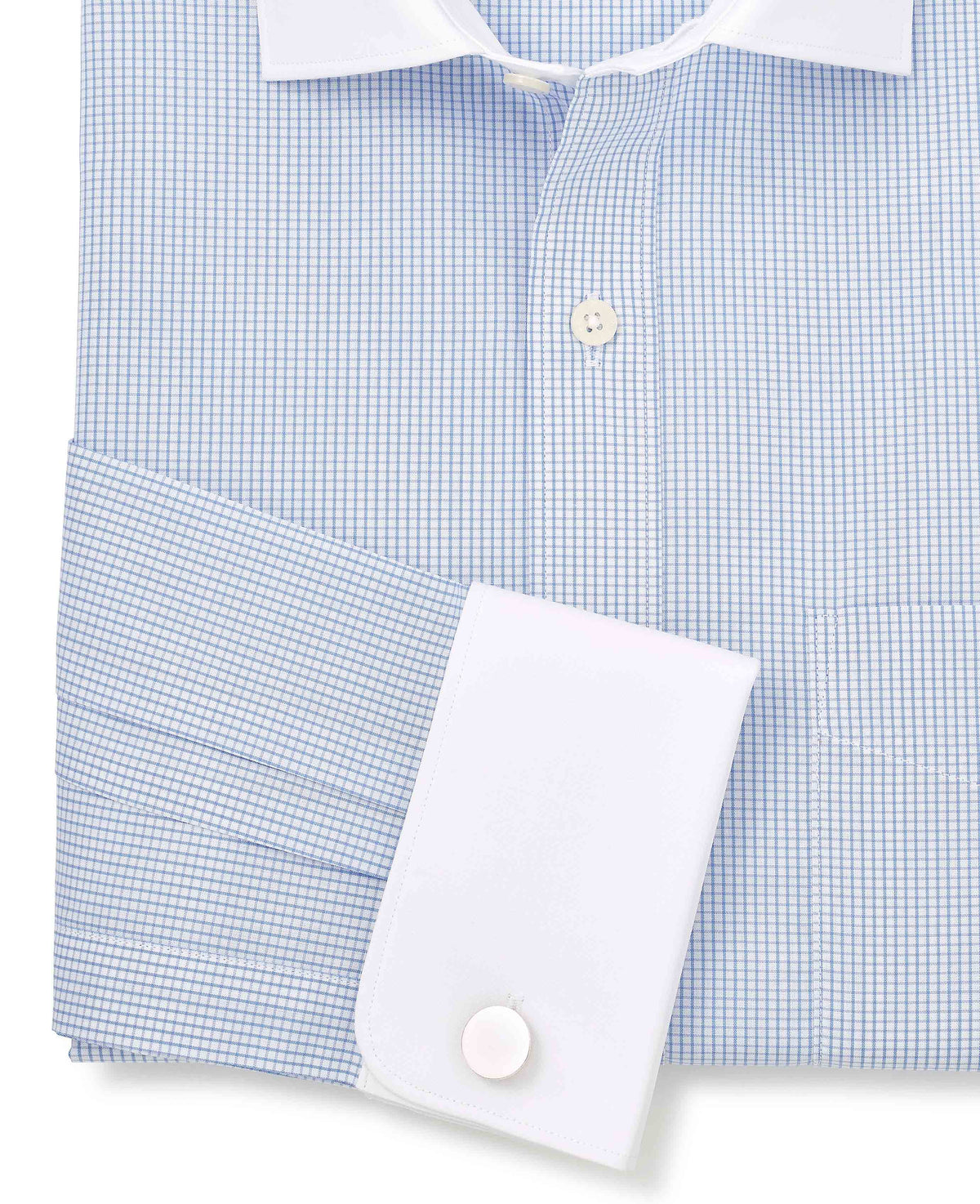 Men's Sky Blue Cotton Window Check Classic Fit Winchester Formal Shirt With Double Cuffs sleeve detail