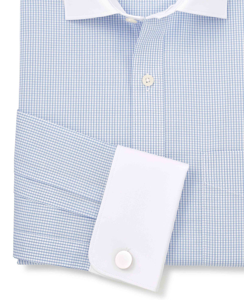 Men's Sky Blue Cotton Window Check Classic Fit Winchester Formal Shirt With Double Cuffs sleeve detail