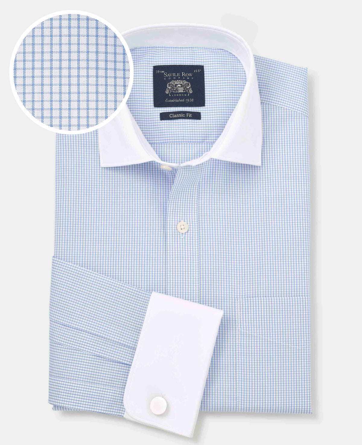 Men's Sky Blue Cotton Window Check Classic Fit Winchester Formal Shirt With Double Cuffs folded shot