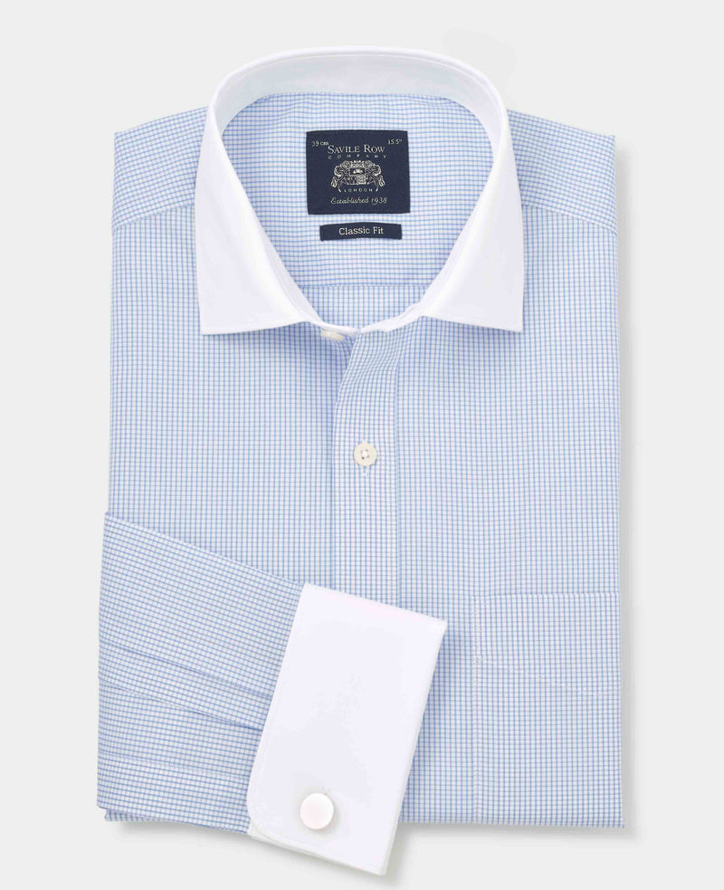 Men's Sky Blue Cotton Window Check Classic Fit Winchester Formal Shirt With Double Cuffs folded
