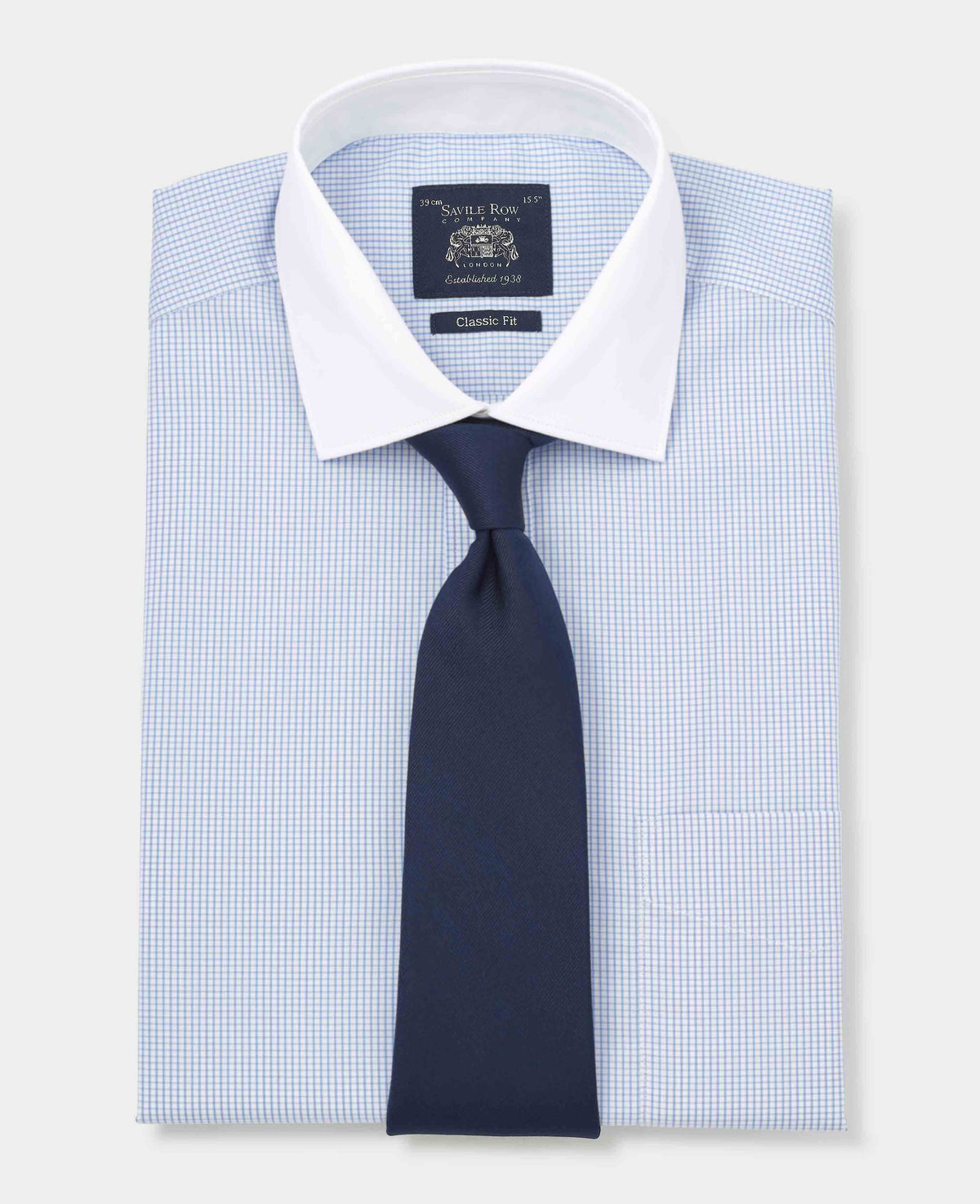 Men's Sky Blue Cotton Window Check Classic Fit Winchester Formal Shirt With Double Cuffs folded with tie