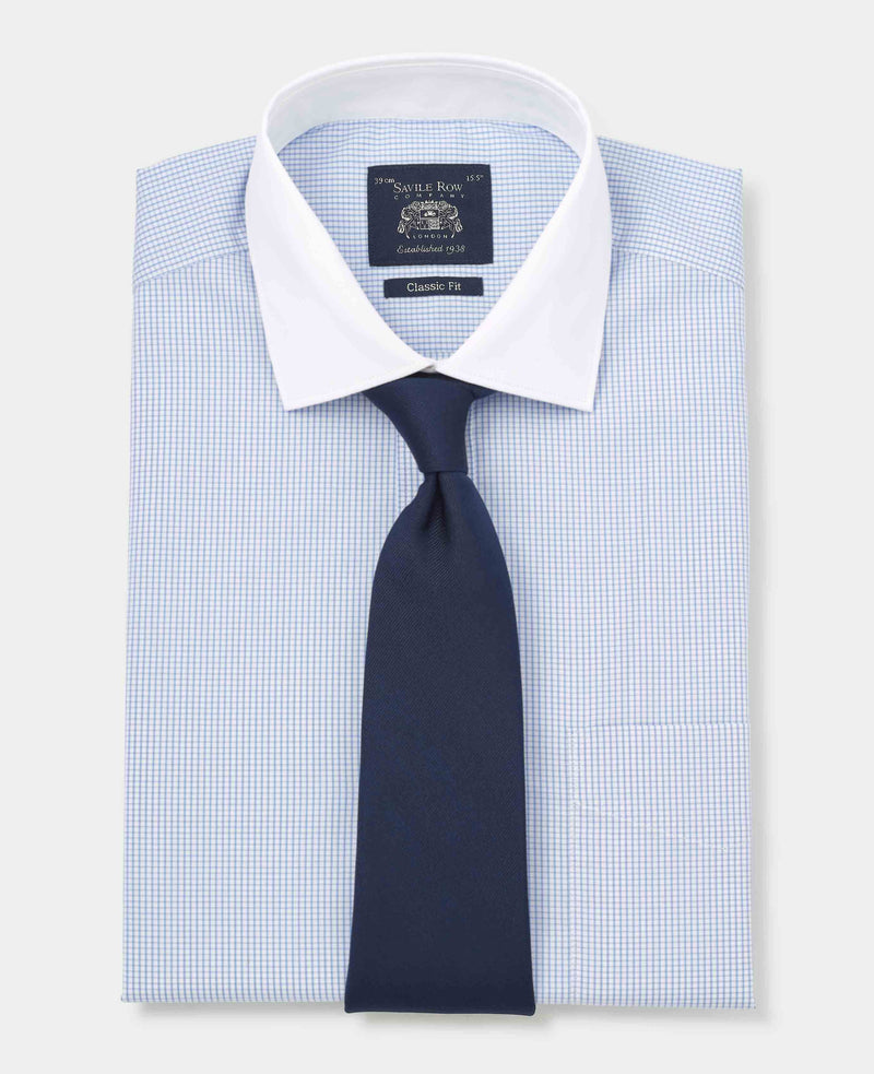 Men's Sky Blue Cotton Window Check Classic Fit Winchester Formal Shirt With Double Cuffs folded with tie