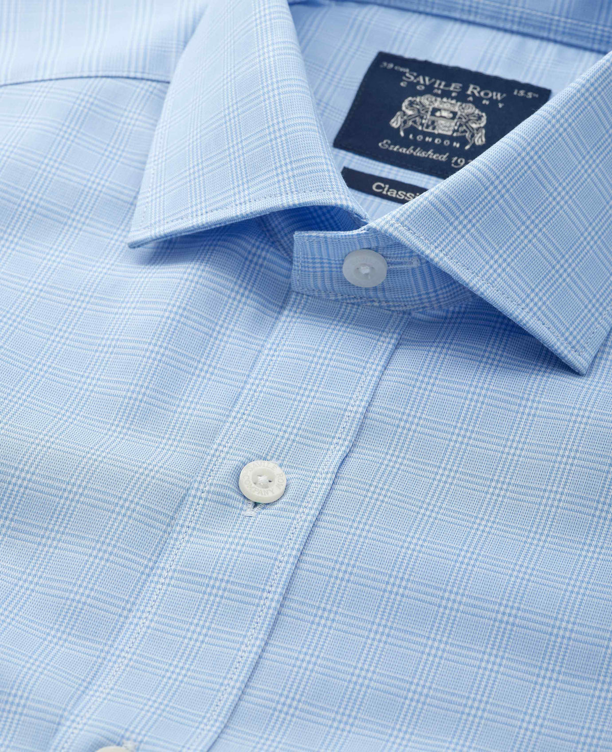 Sky Blue Prince of Wales Check Cotton Twill Classic Fit Formal Shirt - Single Cuff