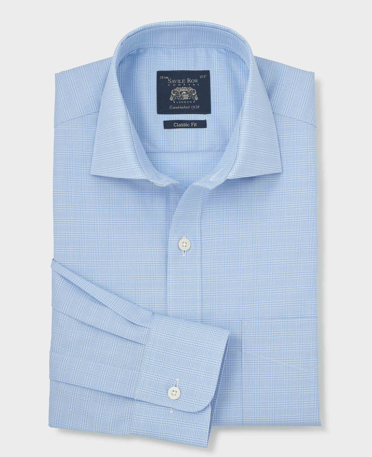 Sky Blue Prince of Wales Check Cotton Twill Classic Fit Formal Shirt - Single Cuff