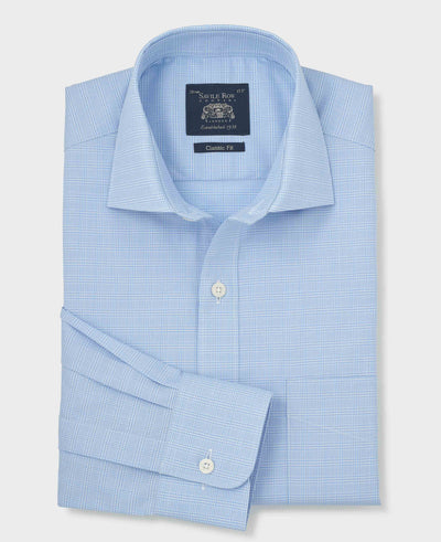 Sky Blue Prince of Wales Check Cotton Twill Classic Fit Formal Shirt - Single Cuff
