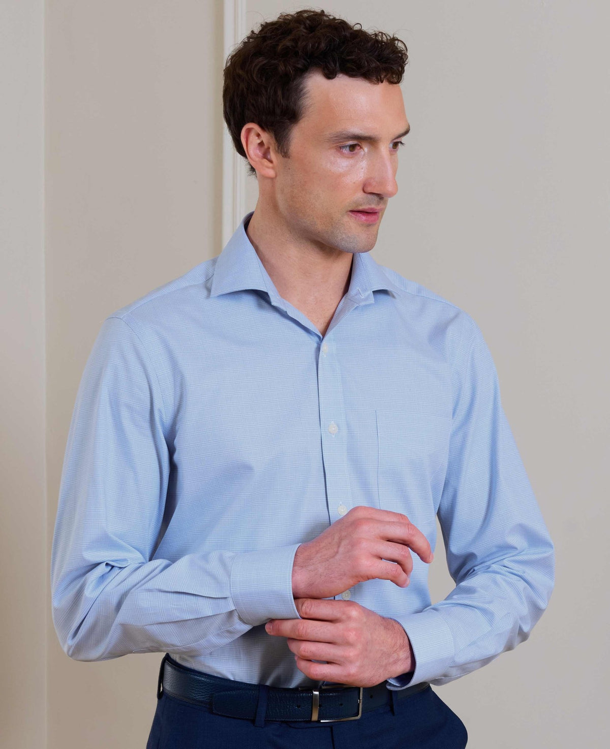 Sky Blue Prince of Wales Check Cotton Twill Classic Fit Formal Shirt - Single Cuff
