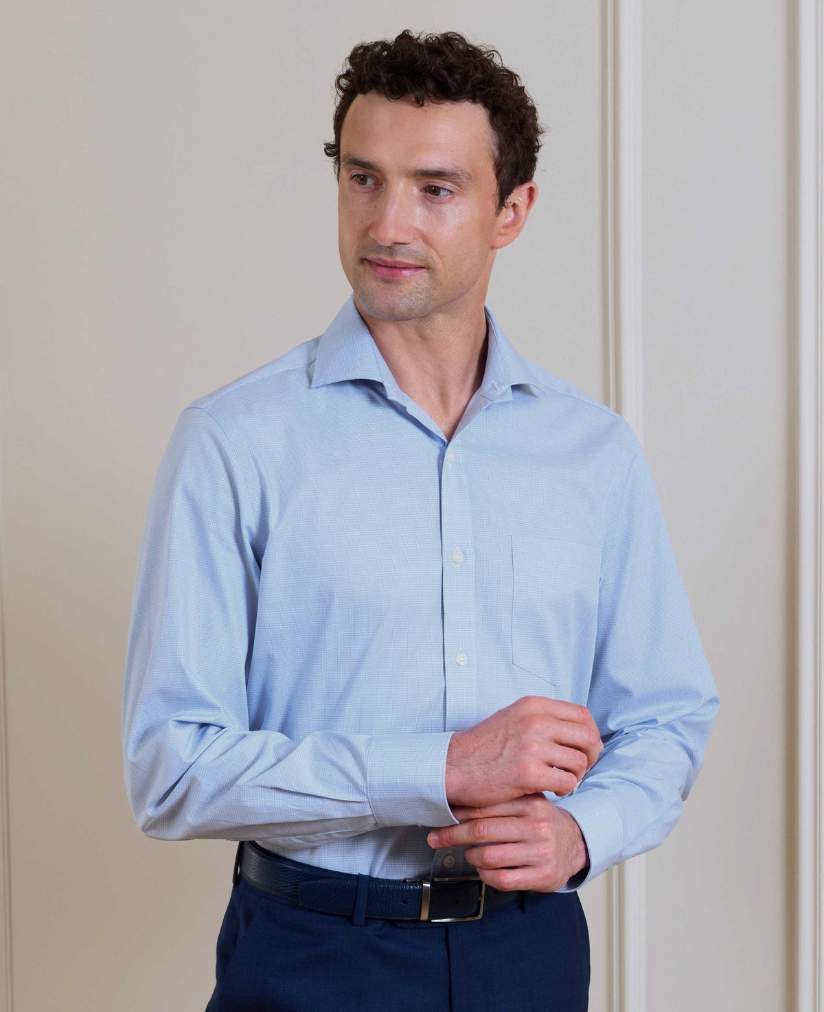 Sky Blue Prince of Wales Check Cotton Twill Classic Fit Formal Shirt - Single Cuff