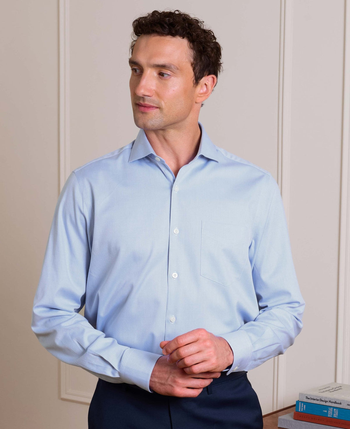 Sky Blue Stretch Cotton Herringbone Classic Fit Formal Shirt - Single Cuff