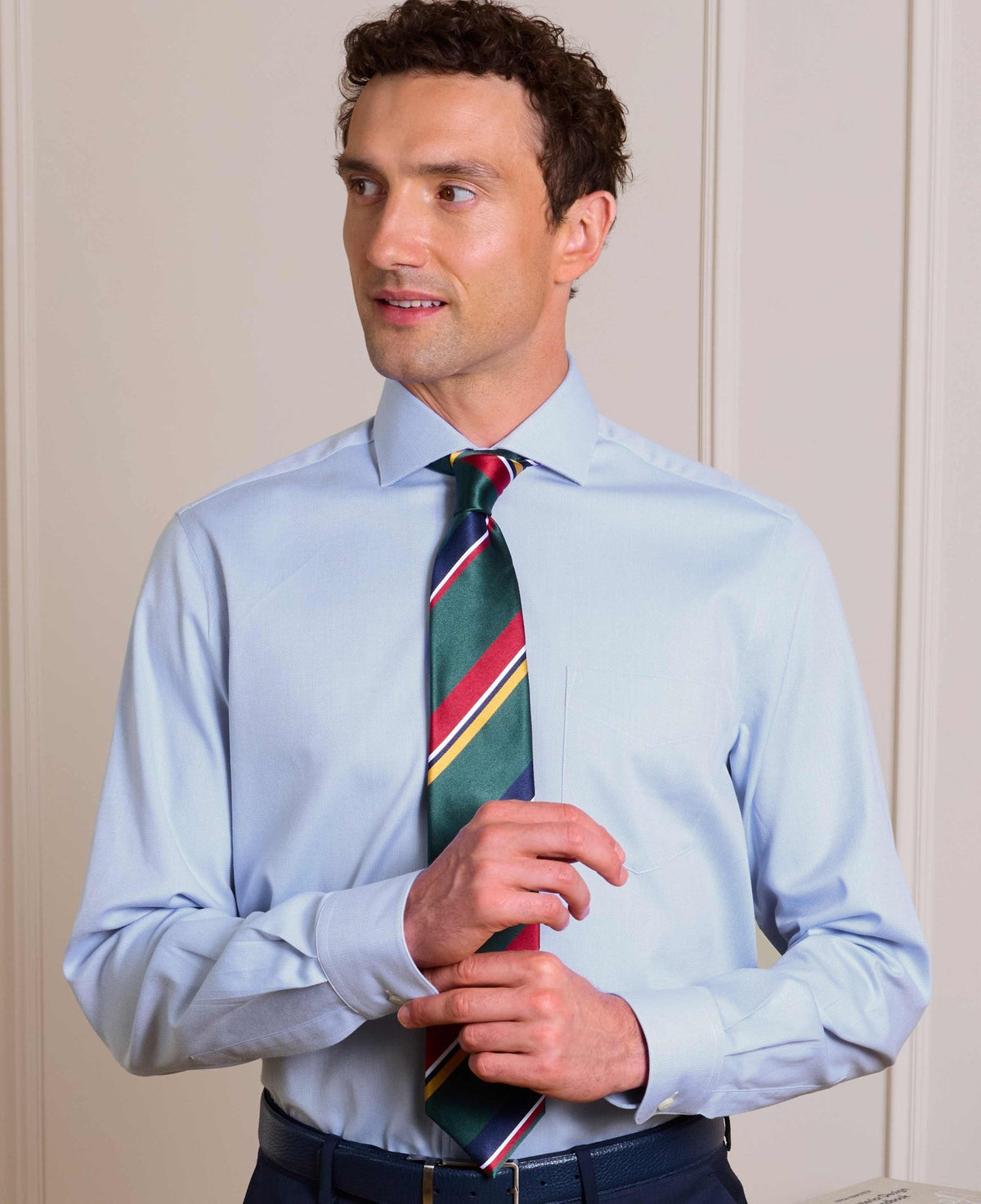 Sky Blue Stretch Cotton Herringbone Classic Fit Formal Shirt - Single Cuff