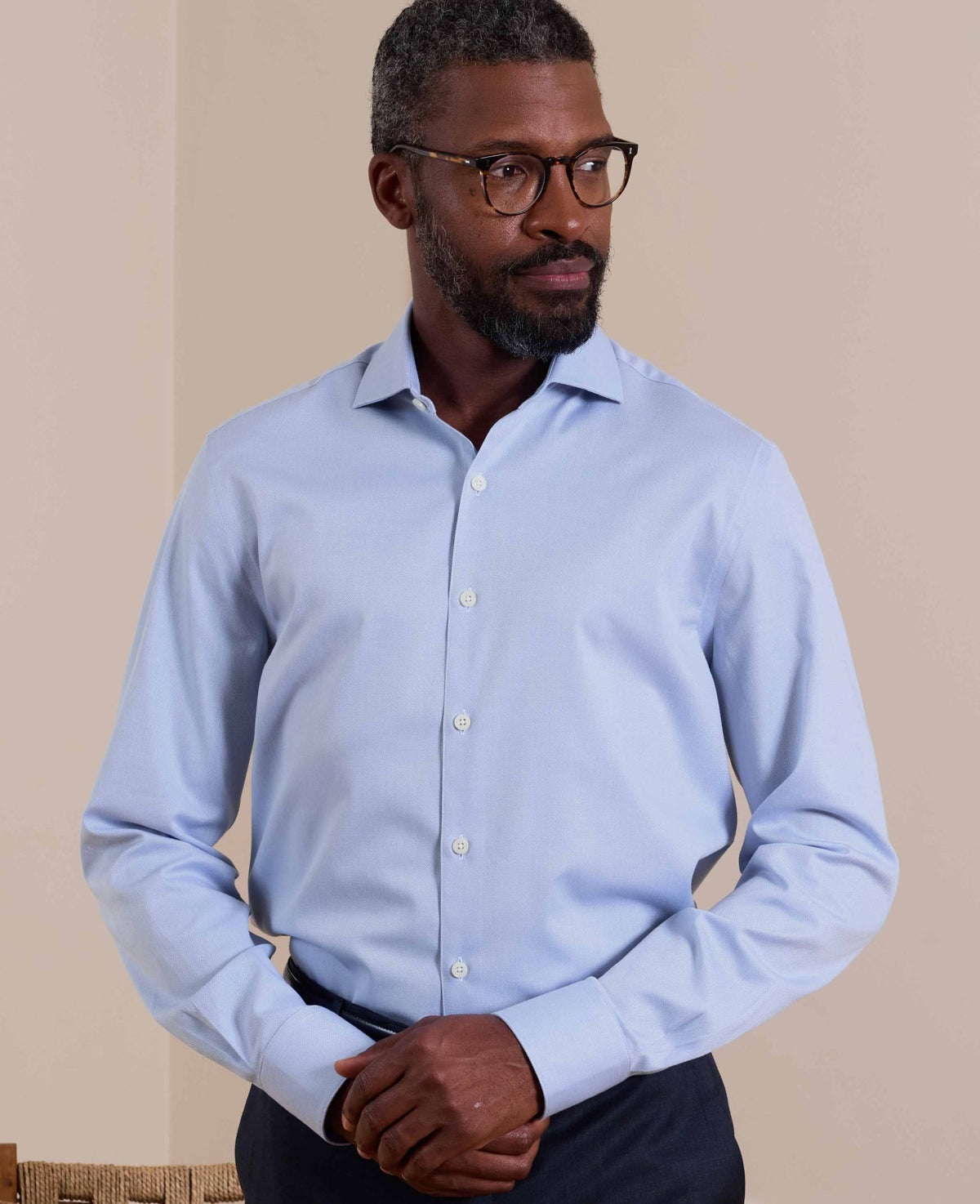 Sky Blue Stretch Cotton Herringbone Slim Fit Formal Shirt - Single Cuff