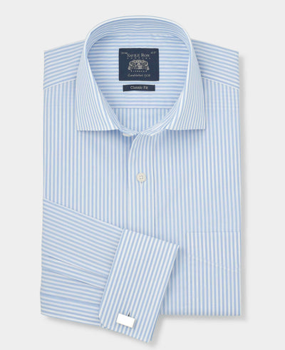 Sky Blue Stripe Cotton Poplin Classic Fit Formal Shirt - Double Cuff