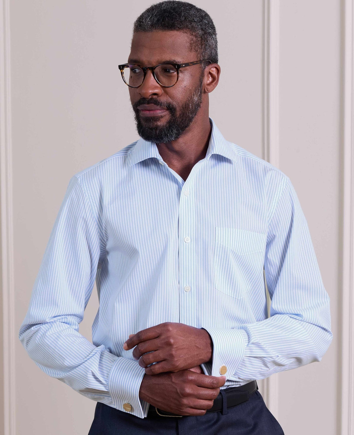 Sky Blue Stripe Cotton Poplin Classic Fit Formal Shirt - Double Cuff