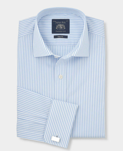 Sky Blue Stripe Cotton Poplin Slim Fit Formal Shirt - Double Cuff
