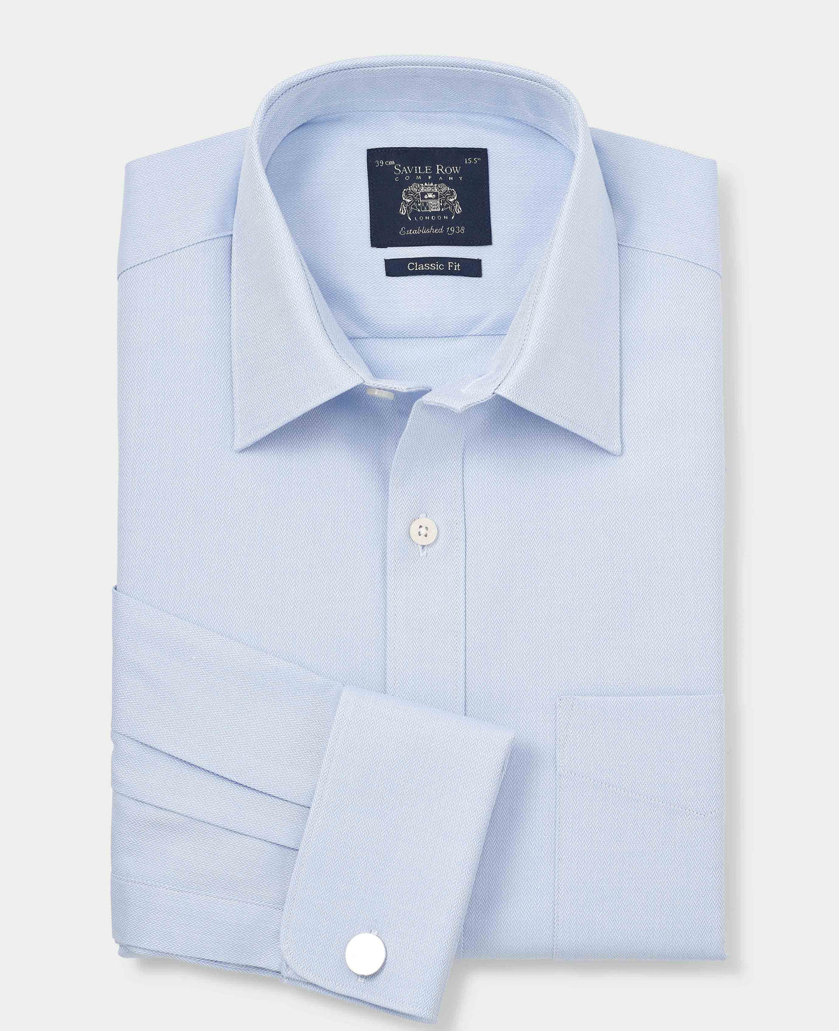 Men's Sky Blue Textured Cotton Herringbone Classic Fit Formal Shirt With Double Cuff folded