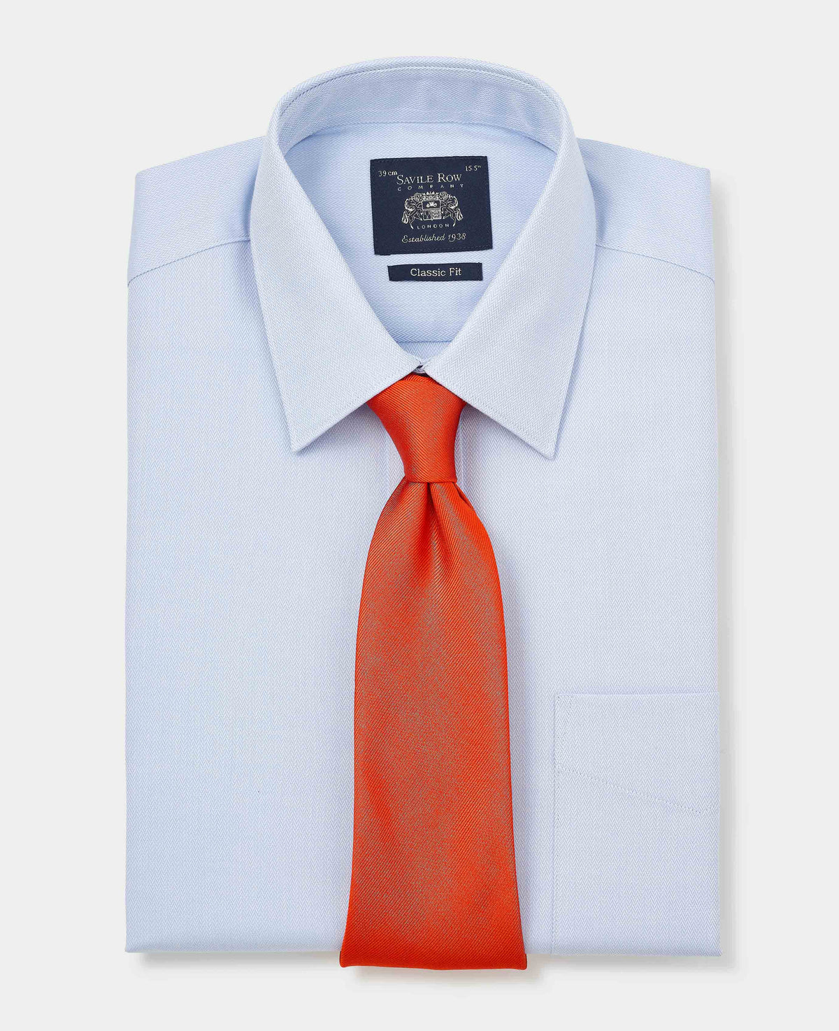 Men's Sky Blue Textured Cotton Herringbone Classic Fit Formal Shirt With Double Cuff folded with tie