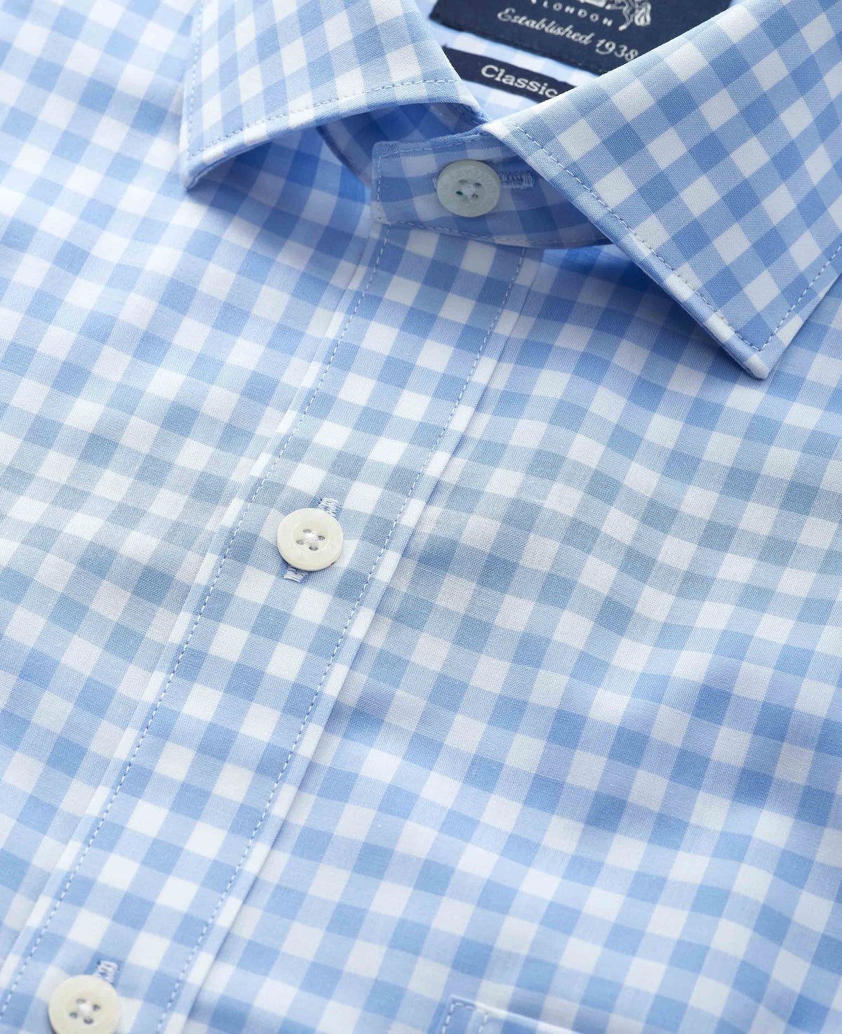 Men's Sky Blue Cotton Gingham Check Classic Fit Formal Shirt With Double Cuffs collar detail