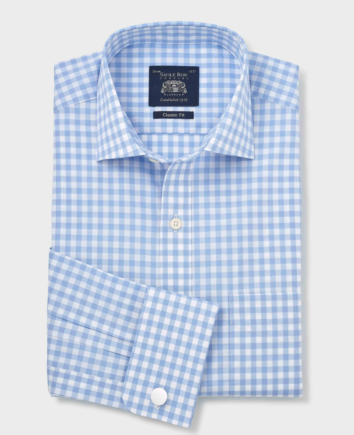 Men's Sky Blue Cotton Gingham Check Classic Fit Formal Shirt With Double Cuffs folded