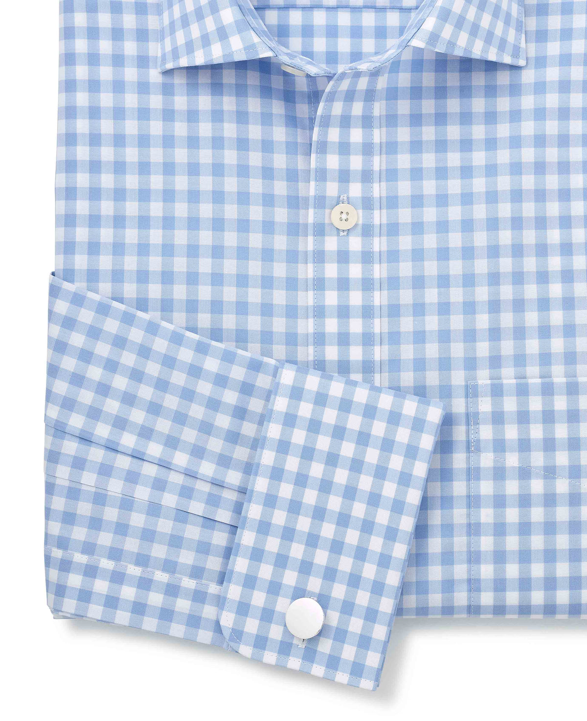 Men's Sky Blue Cotton Gingham Check Classic Fit Formal Shirt With Double Cuffs sleeve detail