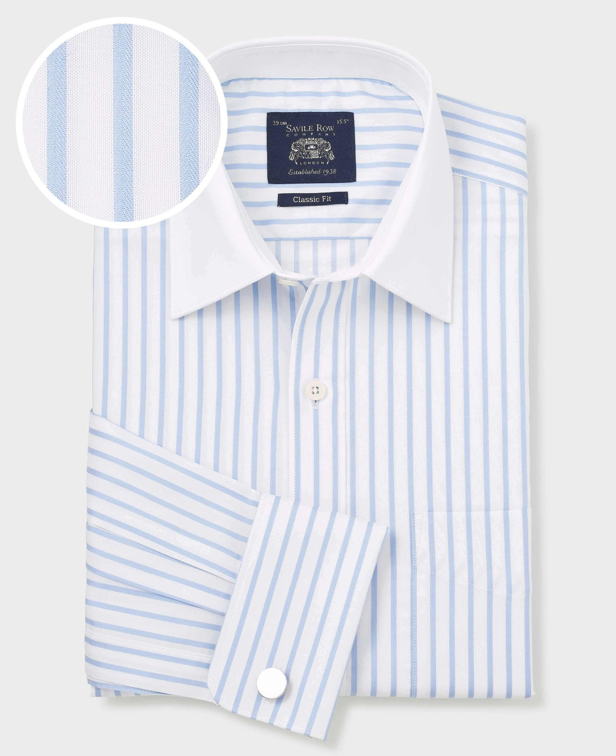 Men's Sky Blue White Cotton Stripe Classic Fit Winchester Formal Shirt With Double Cuffs folded shot