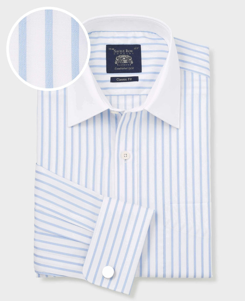 Sky Blue White Cotton Herringbone Stripe Classic Fit Winchester Formal Shirt - Double Cuff