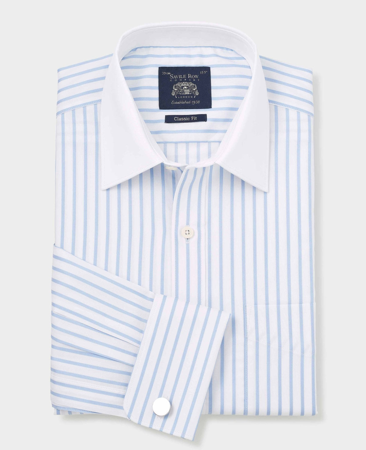 Men's Sky Blue White Cotton Stripe Classic Fit Winchester Formal Shirt With Double Cuffs folded