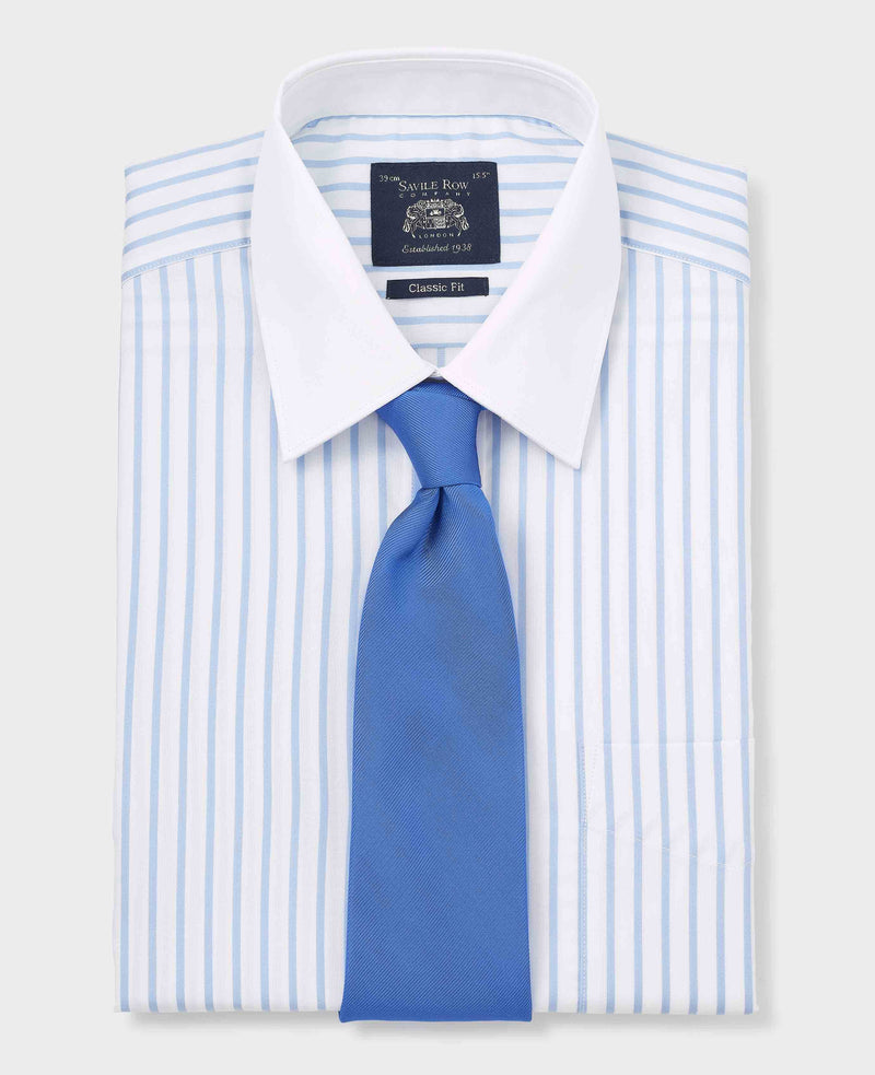 Sky Blue White Cotton Herringbone Stripe Classic Fit Winchester Formal Shirt - Double Cuff