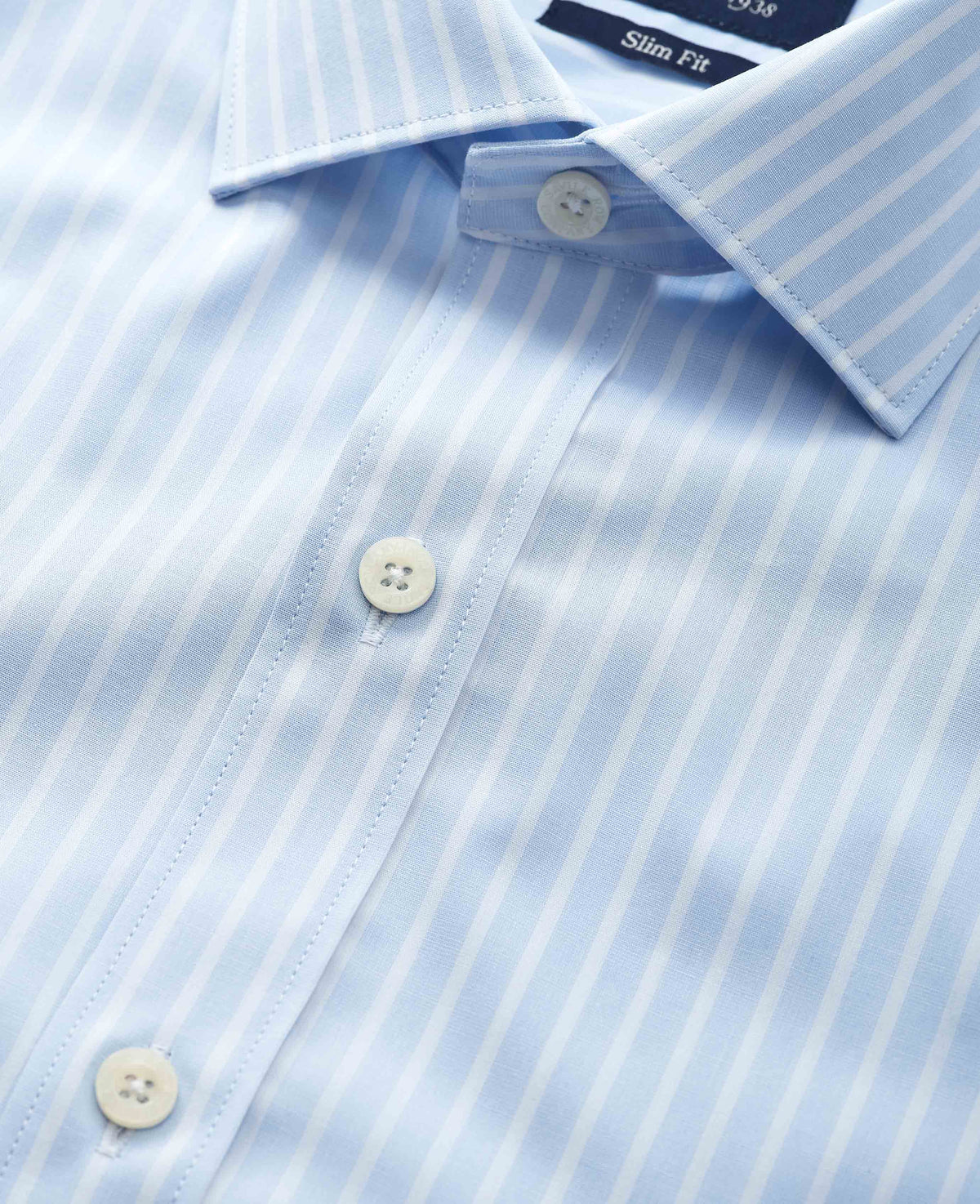 Men's Sky Blue White Cotton Poplin Striped Slim Fit Formal Shirt With Double Cuffs collar detail