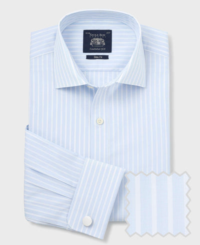 Sky Blue White Cotton Poplin Striped Slim Fit Formal Shirt - Double Cuff