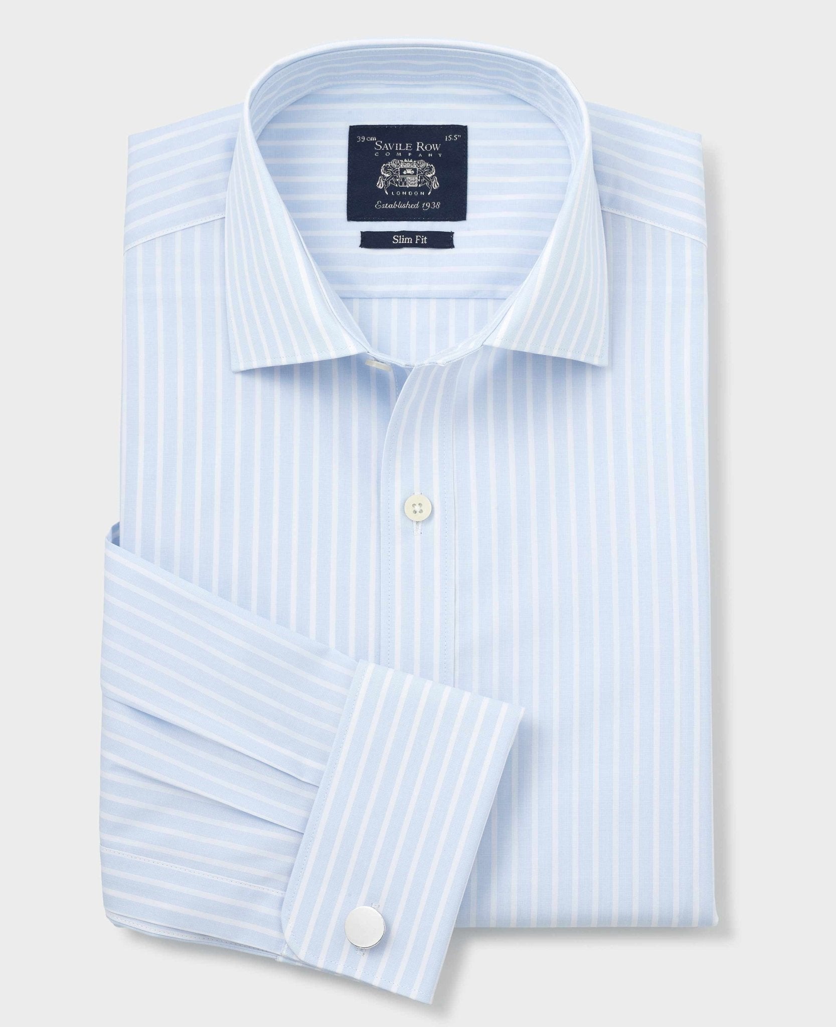 Labiyeur Men's Slim Fit French Cuff Dress Shirt – Double Blue White Stripes – Spread Collar – Woven Cotton Blend