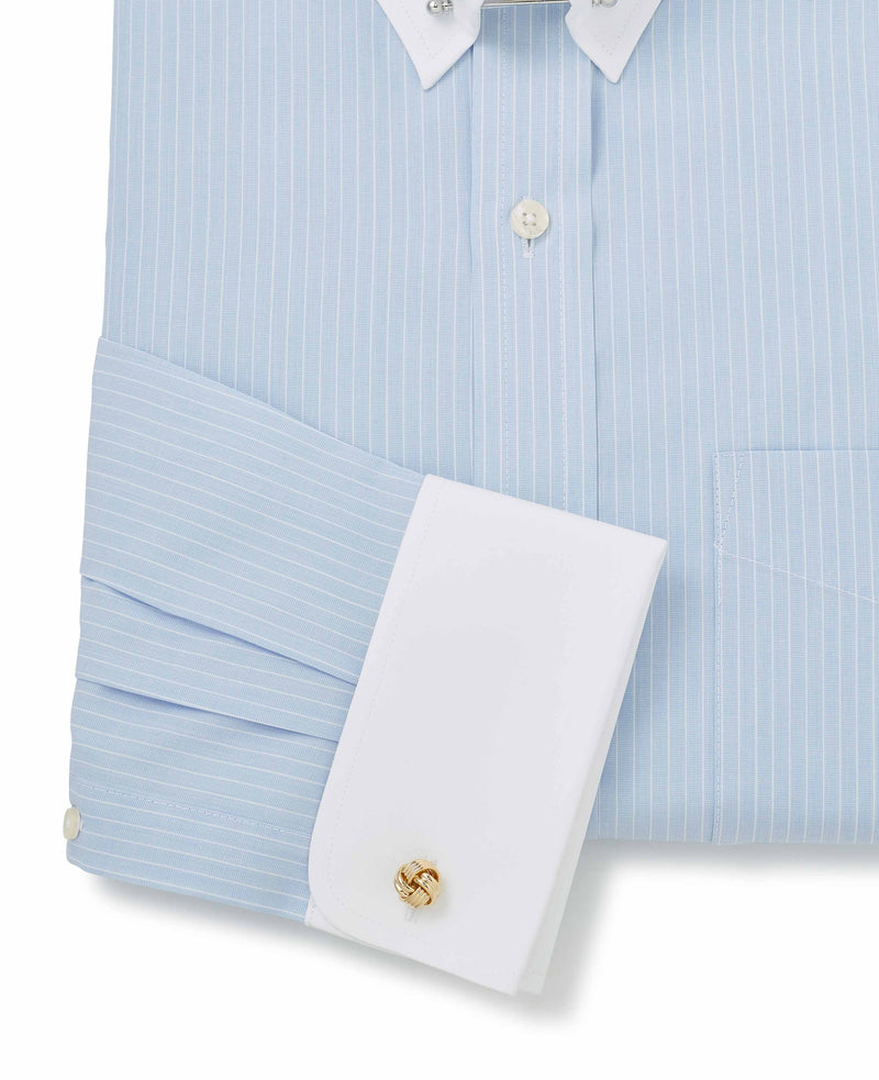 Sky Blue White Stripe Classic Fit Pin Collar Shirt With White Collar & Cuffs - Double Cuff - Cuff Detail - 1370BLW