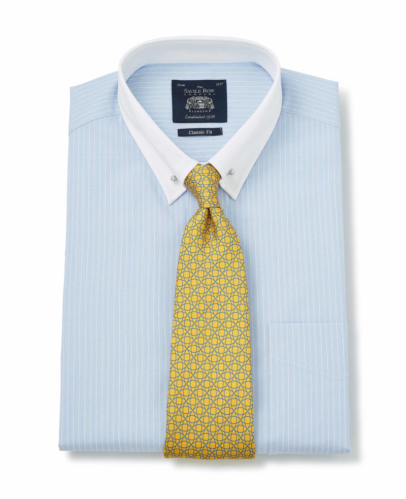 Sky Blue White Stripe Classic Fit Pin Collar Shirt With White Collar & Cuffs - Double Cuff - With Tie On - 1370BLW