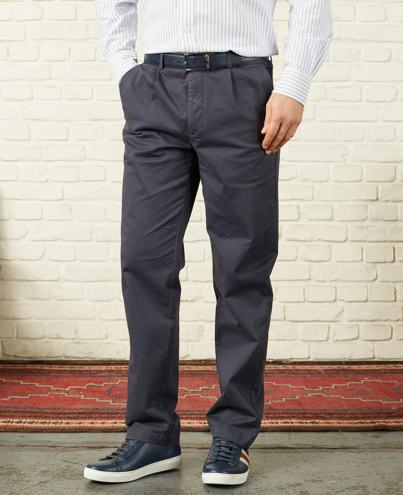 Smoked Navy Stretch Cotton Classic Fit Pleated Chinos
