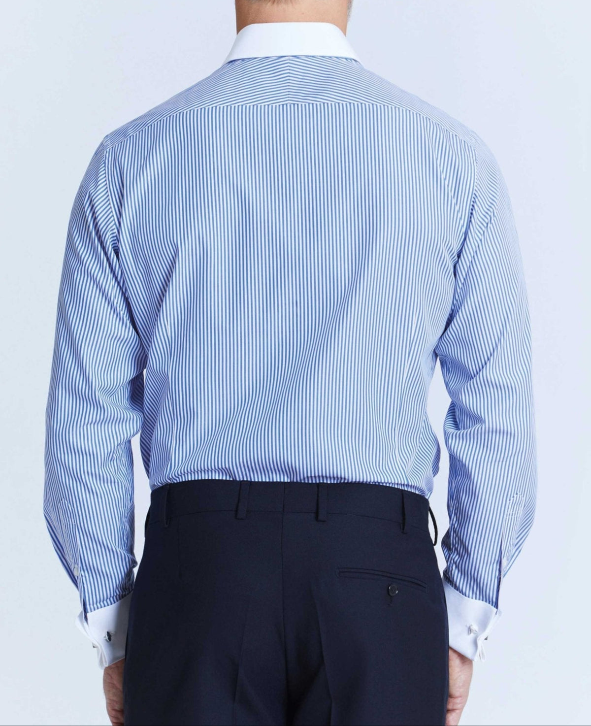 stewart blue bengal stripe made to measure shirt model back 1