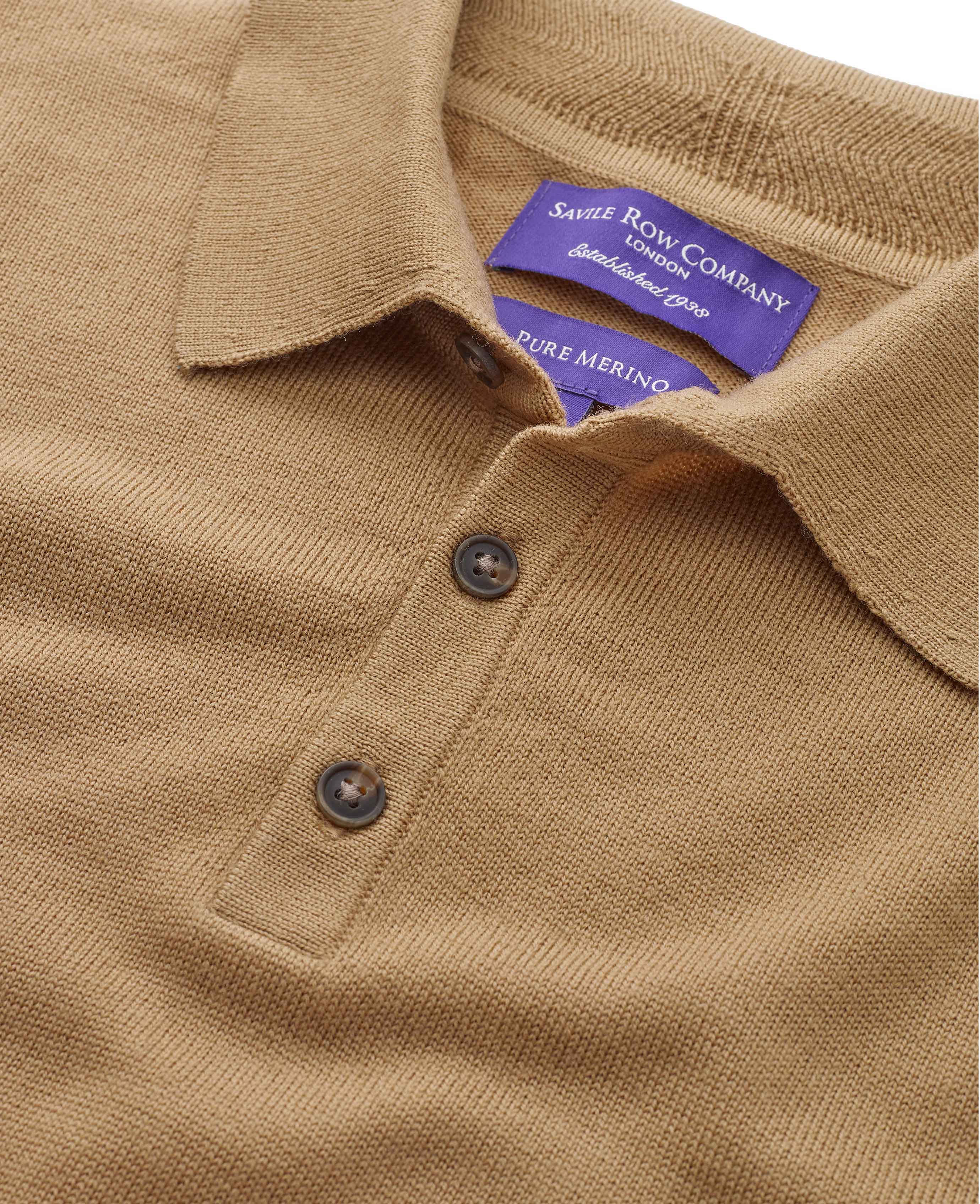Men's Tan Merino Wool Knitted Polo Shirt Savile Row Company