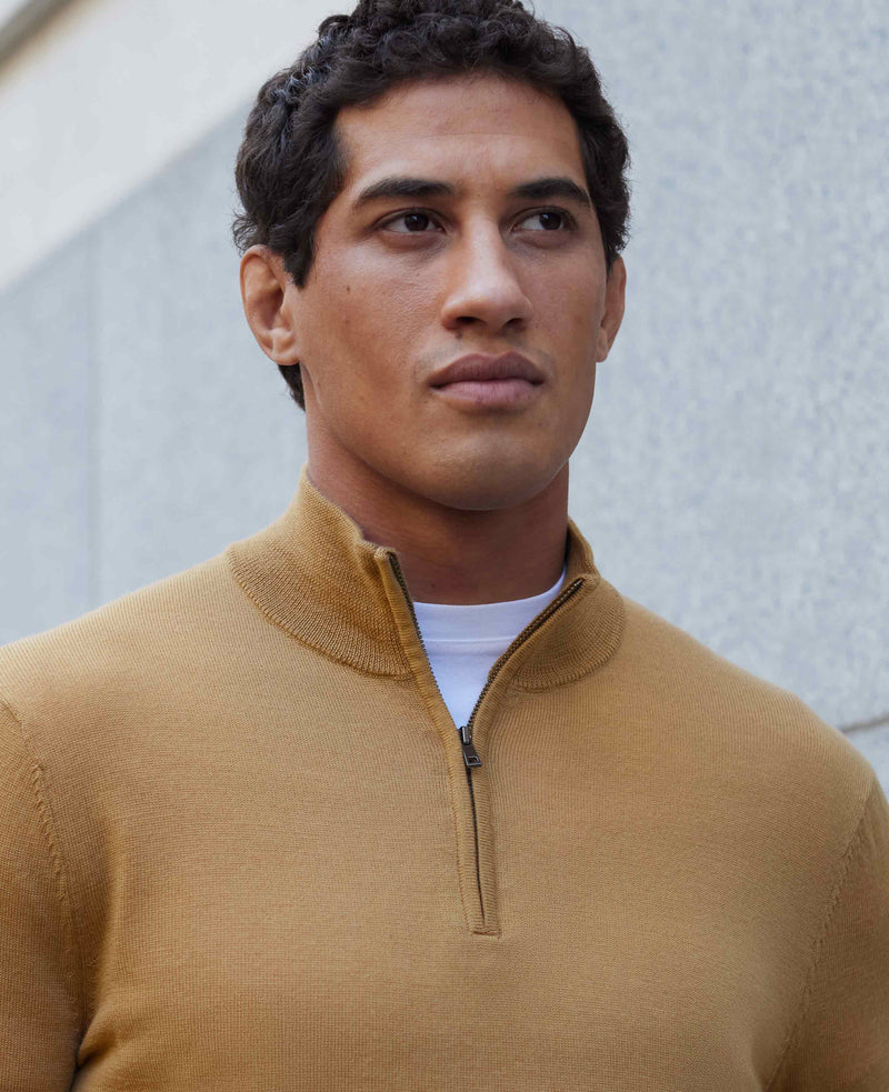 Tan Merino Wool Zip Neck Jumper