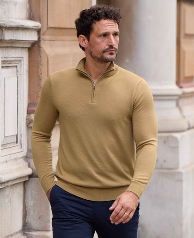 tan merino wool zip neck jumper mkw567tan model image 1