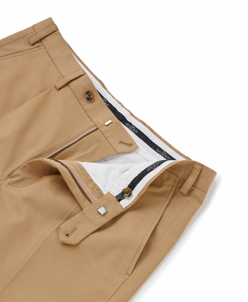 Tan Stretch Cotton Classic Fit Pleated Chinos