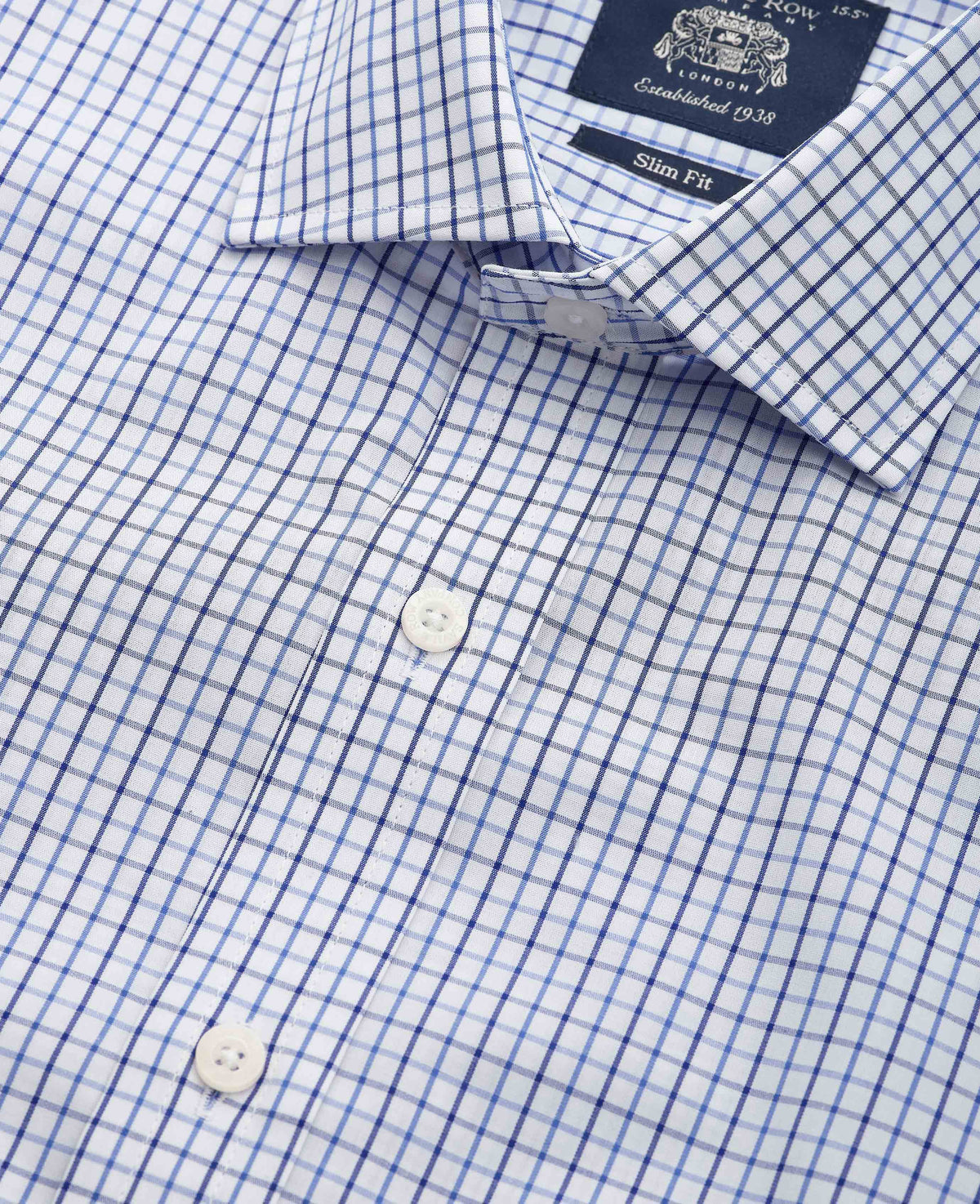 Men's White Blue Cotton Poplin Slim Fit Check Formal Shirt With Single Cuffs collar detail