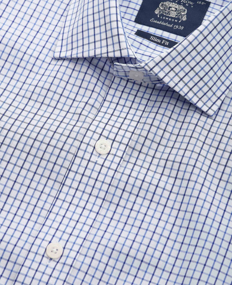 White Blue Cotton Poplin Slim Fit Check Formal Shirt - Single Cuff