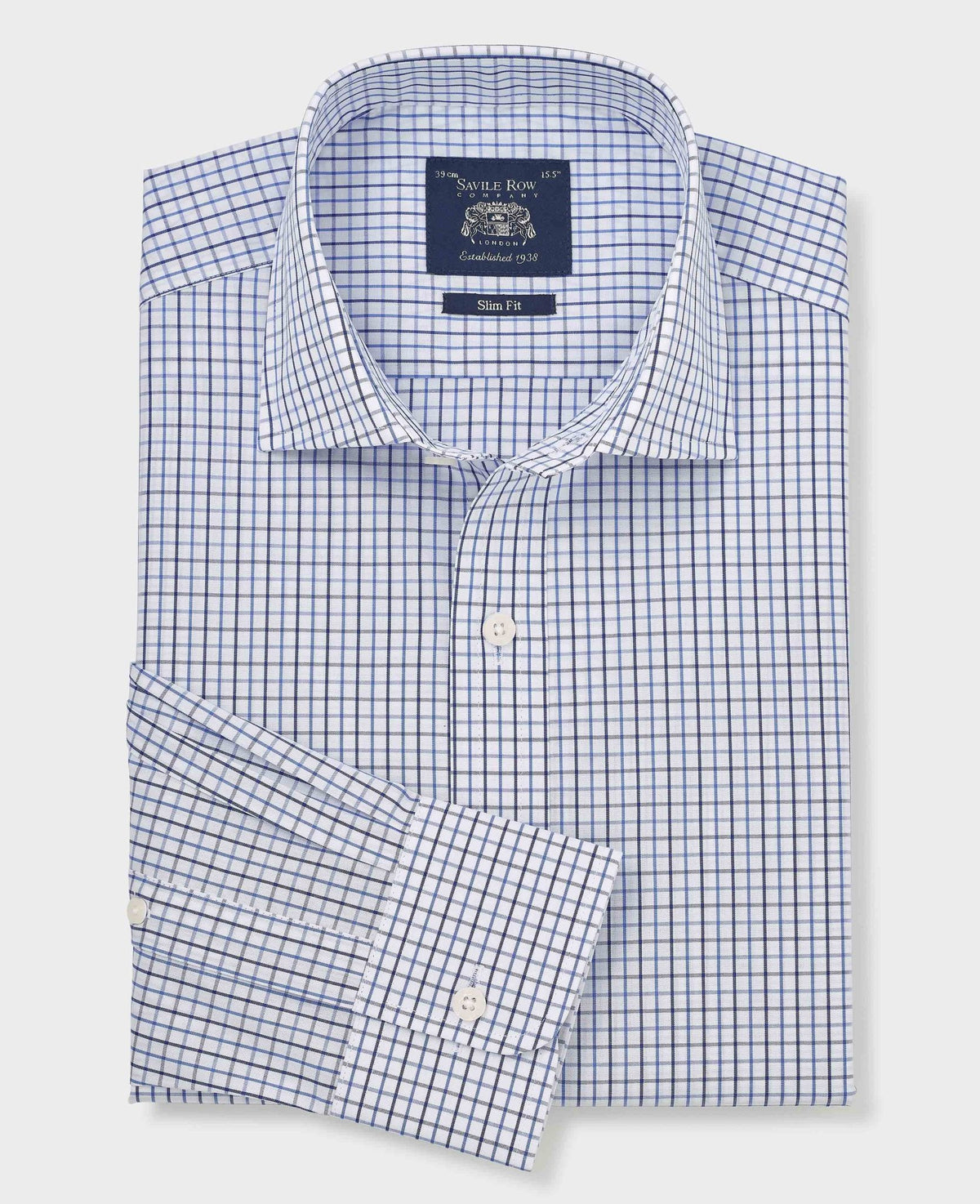 Men's White Blue Cotton Poplin Slim Fit Check Formal Shirt With Single Cuffs folded shot