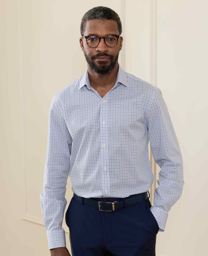 White Blue Cotton Poplin Slim Fit Check Formal Shirt - Single Cuff